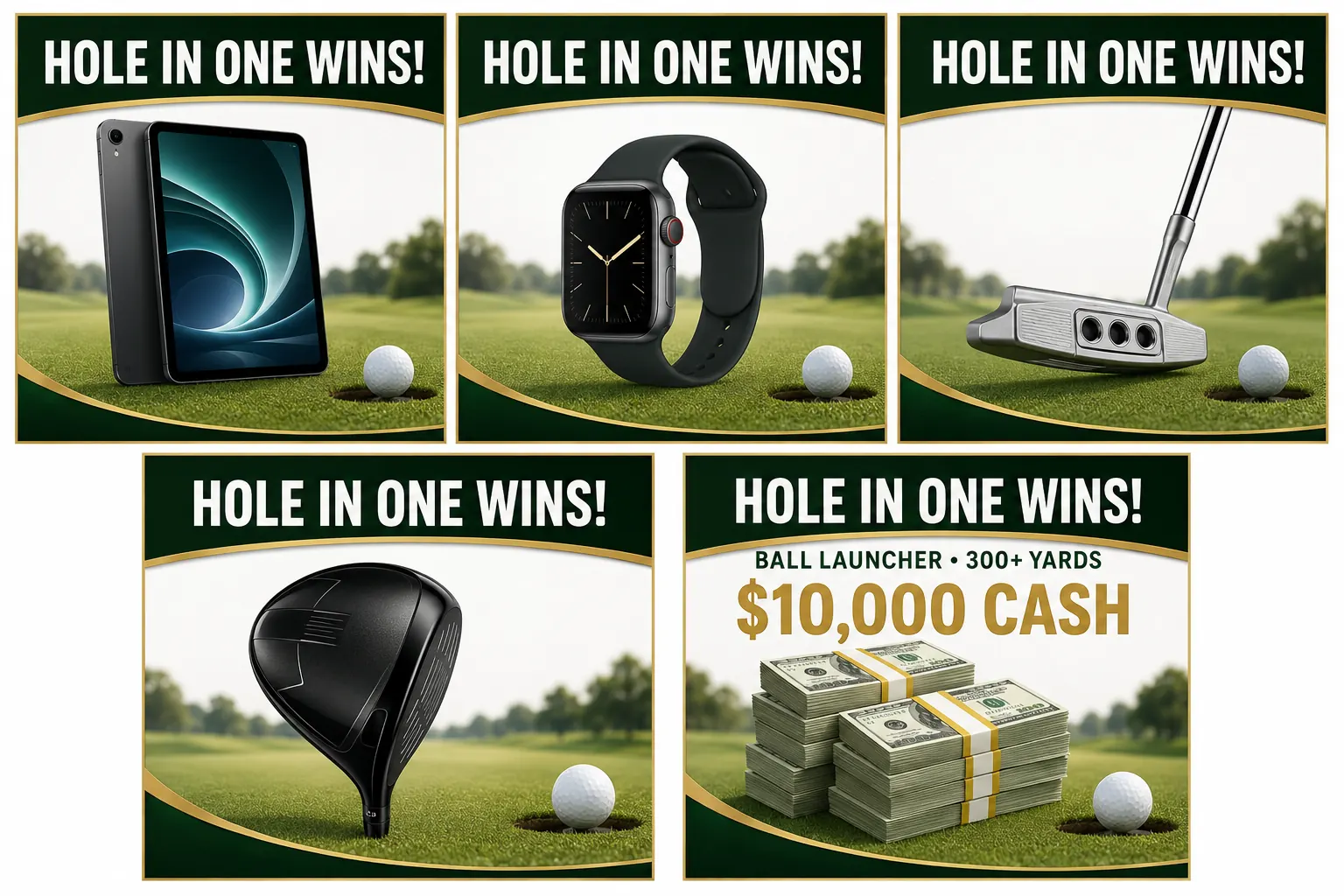 Generic hole-in-one prize signs for a tablet, smartwatch, putter, driver and ten-thousand-dollar ball launcher prize